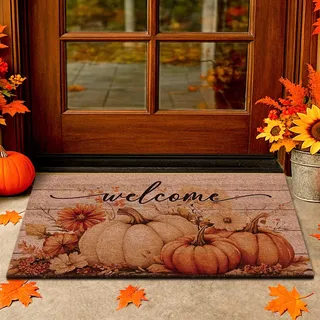 Lanpn Willkommens Fußmatte mit Herbst Kürbis Kokosmatte, 42x75 cm rutschfeste Schmutzfangmatte, Thanksgiving Fussmatte Eingangsbereich Matte, Badematte Türmatte für Außen Innen, Welcome Door Mat