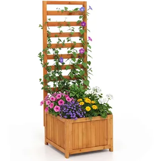 COSTWAY Blumenkasten mit Rankgitter, Pflanzkasten für Kletterpflanzen, Pflanzkübel mit Sichtschutz, Hochbeet mit Spalier, Liner, Ablauflöchern, Blumenkübel für Garten Balkon, Holz, 123 cm hoch, Orange