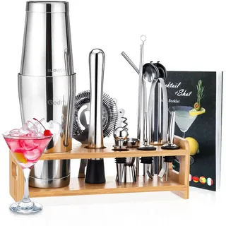 Cocktail Shaker Set Barkeeper Kit, Godmorn 16Pcs Boston Shaker Bar Tool Set, 304 Edelstahl Martini Shaker mit Bambus-Ständer und Rezeptbuch, Drink Mixer Set für Haus und Bar, Barware Set