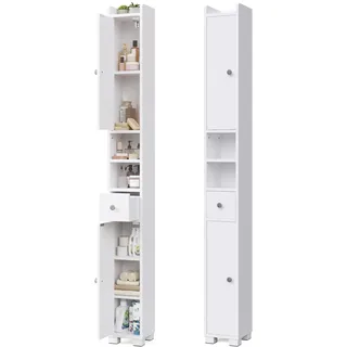 Mondeer Badezimmerschrank Hochschrank Schmal 20 cm für Kleine Räume | Mit verstellbaren Ablagen, Schublade und offenen Fächern Platzsparender Badschrank für Waschbecken WC Waschmaschine, Weiß