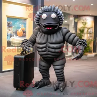 Maskottchen REDBROKOLY eines schwarzen Trilobiten mit Anzug und Aktentasche