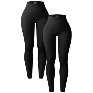 OQQ Damen 2 Stück Yoga Leggings Gerippt Nahtlos Workout Hohe Taille Athletic Pants, Schwarz/Beige, S