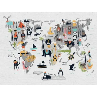 A.S. Création Livingwalls Vliestapete - Tapete Kinder Weltkarte Tiere in Grau, Weiß und Gelb - Wandtapete für verschiedene Räume - Wandbild XXL 3,71 m x 2,80 m