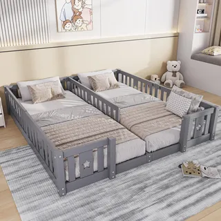 Doppel-Kinderbett mit Gitter, Massivholz, Sternenmuster, Grau, 2x90x200cm - Grau