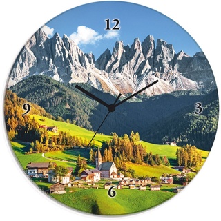 ARTland Wanduhr »Glasuhr rund Alpen Berge Santa Maddalena wahlweise mit Quarz- oder Funkuhrwerk, lautlos ohne Tickgeräusche, grün