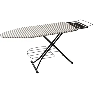 Relaxdays Bügelbrett für Dampfbügeleisen, 110x33 cm, höhenverstellbar, klappbar, Ablage, Bügeltisch gestreift, grau-weiß