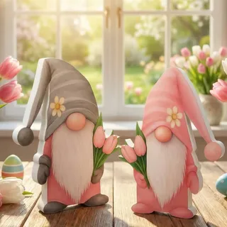 Namalu 2 Stück Wichtel Frühling Deko Aufsteller Figuren Holz mit Tulpen Dekorativer Aufsteller Frühling Tischdeko GNOME Wohndeko Osterdeko Frühlingsdeko aus Holz für Tischdeko (Muttertag Wichtel)
