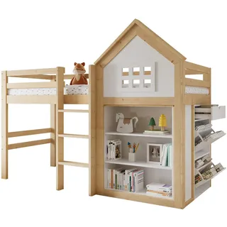 Stilvora Hochbett 90/200 cm in Weiß & Natur Kinderbett mit 3 Schubladen und Staufächern im Haus-Design , Weiß, Naturfarben , Holzwerkstoff , 90x200 cm , Babymöbel & Kindermöbel, Kinderzimmer & Jugendzimmer, Kinderbetten, Hochbetten