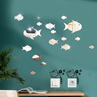 Wandsticker Wohnzimmer, Spiegel Wandaufkleber Fische, 18 Niedliche Selbstklebende Wandkunstaufkleber für Kinderzimmer, mit 2 Katzenschalter Aufklebern