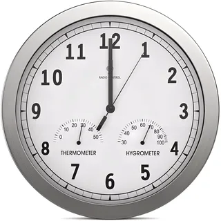 Funk Wanduhr Lautlos 30,5 cm – Funkuhr Wand Ohne Tickgeräusche – Große, gut lesbare Funkwanduhr mit silbernem Zifferblatt, Temperatur & Luftfeuchtigkeit – Moderne Wanduhr für Schlafzimmer, Küche,Büro