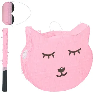 Relaxdays Katzen Pinata mit Stab und Maske 34 x 37 x 9,5 cm Rosa