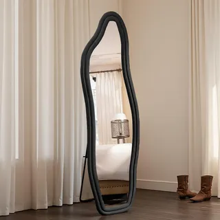 UnboxG Asymmetrischer Ganzkörperspiegel 140×45 cm – Schwarzer Stand- und Wandspiegel mit Flanellbezogenem Holzrahmen, Halbrund für Schlafzimmer & Ankleidezimmer