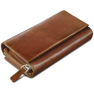 ROYALZ 'Orelia' Vintage Leder Geldbörse für Damen Portemonnaie groß mit vielen Fächern RFID-Blocker Brieftasche Querformat, Farbe:Texas Braun