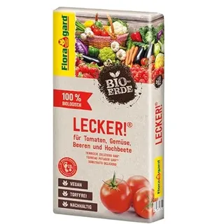 Floragard Bio-Erde Lecker 40 L – torffreie, vegane Bio-Gemüseerde für Hochbeete, Tomaten, Chili, Gurken, Beeren, Kräuter & Zucchini – nährstoffreiche Struktur für kräftiges Wachstum & hohen Ertrag