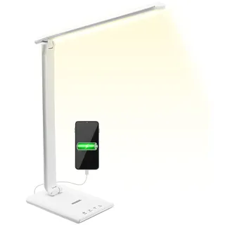 MONZANA® LED Schreibtischlampe USB Anschluss 3 Farb- 5 Helligkeitsstufen Touch Dimmbar Ladefunktion Tischlampe Büro Nachttischlampe Warmes Licht Weiß - Weiß