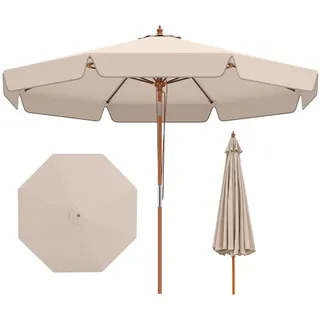 FANTASK Sonnenschirm Holz 300 cm, Gartenschirm mit Volant, beidseitig um 30° knickbar, Terrassenschirm mit 8 Rippen, Balkonschirm mit Belüftung, Marktschirm für Garten, Balkon, Terrasse (Beige)
