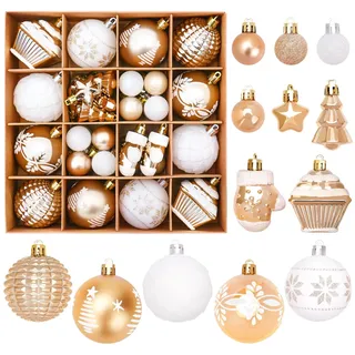 CharmeFleur Weihnachtskugeln, 42 Stück Zerbrechliche Kunststoff Weihnachtsbälle Für Weihnachtsbaum Schmuck, Festlicher Kranz Deko (Gold & Weiß)