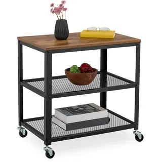 Relaxdays Rollwagen, 3 Ablagen, Industrial Design, HBT: 61x60x40 cm, Küchenwagen mit Rollen, Stahl & MDF, schwarz/braun