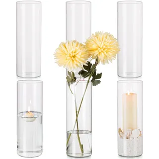 Hewory Glasvase Zylinder Vasen Set: 25cm Hohe Vase Glas 6er Glasvasen für Tischdeko Hochzeit - Kerzengläser Windlicht Glas Zylindervasen Set Glaszylinder für Kerzen Hochzeitsdeko Party Home Wedding