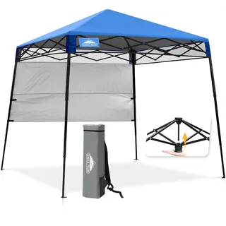 EAGLE PEAK Schräge Beine Faltbar Pavillon 2.4x2.4m Wasserdicht Camping Pop-up Faltpavillon mit Seitenteil, inkl. Rucksack, Blau