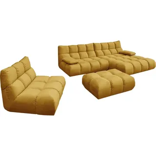 KAWOLA Sitzgruppe VIVIEN Ecksofa rechts Drehsessel Hockerbank Velvet curry - Ocker