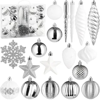BRUBAKER 50 Stück Premium Christbaumschmuck - Weihnachtskugel Set mit Glitzer Kugeln, Schneeflocken, Eiszapfen und Tannenzapfen - Baumkugel Baumschmuck für Weihnachtsbaum - Silber und Weiß