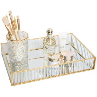 SLHEQING Vintage Spiegeltablett Gold, Dekoratives Tablett Glastablett Rechteckig Organizer Tray Kosmetik Schmuck als Schminktisch Aufbewahrung