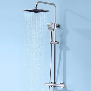 Auralum Thermostat-Duscharmatur komplettset mit Verbrühschutz, Duschsystem mit Regendusche, Duschgarnitur mit 25x25cm Regendusche, Duschkopf, Edelstahl-Duschstange & Schlauch, Duscharmatur Set Chrom