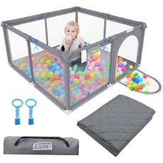 JUSONEY Baby Laufgitter,Baby Laufgitter mit Matte,50"×50" Baby Laufgitter für Kleinkinder mit Tor,Indoor & Outdoor Laufgitter für Kinder Activity Center mit Anti-Rutsch-Boden-Grau