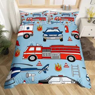 richhome Feuerwehr LKW Bettbezug Set 135x200,Cartoon Polizei Auto Flugzeug Kleinkind Bettwäsche Set, Feuerwehr Werkzeuge Tröster Abdeckung, rot blau Quilt Cover, 1 Kissenbezug