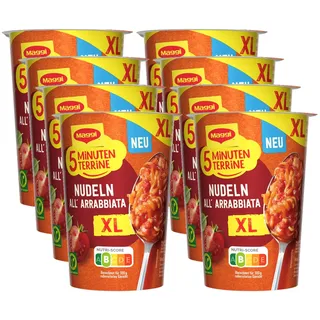MAGGI 5 Minuten Terrine XL Nudeln All' Arrabbiata, leckeres Fertiggericht mit Instant Nudeln, Pasta-Snack in pikanter Tomatensauce mit Chili, 8er Pack (8 x 71g)