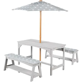 roba Kindersitzgruppe Outdoor+ (Set, 3 tlg.), Tisch 2 Bänke mit Sitzauflage, Schirmset, grau