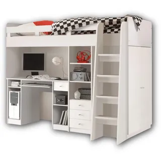 Stella Trading UNIT Hochbett mit Schreibtisch und Schrank 90 x 200 cm - Platzsparendes Kinder Etagenbett in weiß - 95 x 160 x 204 cm (B/H/T)