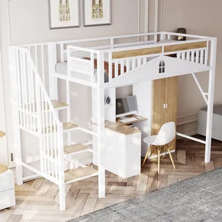 Flieks Etagenbett 90x200cm mit Treppe, Hochbett mit Rausfallschutz, Kinderbett mit Lattenrost, Metallbett Einzelbett Stockbett, Weiß - Weiß