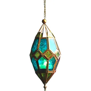 Teelichtlaterne im marokkanischen Stil zum Aufhängen, aus Glas, mittelgrün/blau