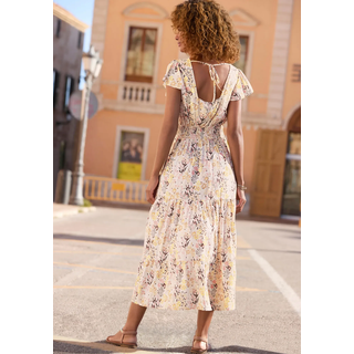 Midikleid VIVANCE "mit Blümchendruck und Flügelärmeln", Damen, Gr. 40, N-Gr, beige, braun, koralle bedruckt, Web, Obermaterial: 100% Viskose, bedruckt, geblümt, figurumspielend ca. Mitte Wade, V-Ausschnitt, Flügelärmel, Kleider Midikleid, Elegantes Sommerkleid aus Webware, Blumenkleid, Druckkleid, Topseller