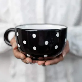 City to Cottage® - Keramik XXL Tasse 500 ml | Kaffeebecher | Schwarz und Weiß | Polka Dots | Handgemacht | Keramik Geschirr | Große Tasse