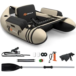 COSTWAY Schlauchboot aufblasbar bis 150kg, Angelboot mit verstellbarer Rückenlehne, Pumpe, Paddel & Gurte, Fischerboot für Erwachsene 135x109x54cm - Beige