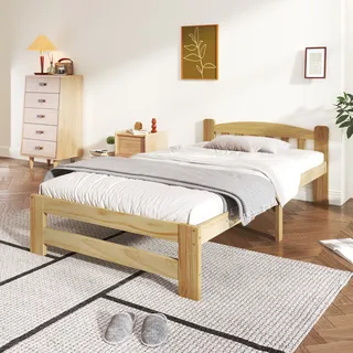 okwish Holzbett 90 x 200 cm, Massivholz-Einzelbett mit Kopfteil und Bettgestell im Landhausstil, Kinderbett, Jugendbett, Gästebett, Kiefern-Futon-Bettgestell, Bett