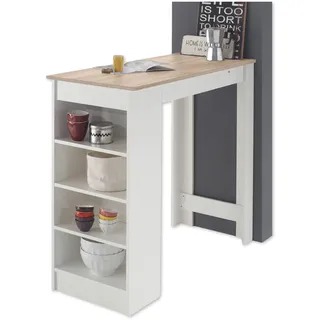Stella Trading Bartisch in weiss mit Tischplatte in Eiche Sonoma und seitlichem Regal