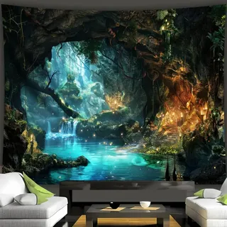 Arsey Wandteppich Magischer Wald, Mystischer Wasserfall- und Leuchtenden Pilz-Design Wandtuch, Wandteppiche Aesthetic Deko Wohnzimmer Schlafzimmer, 150x130cm