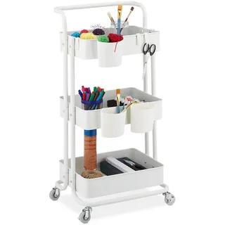 Relaxdays Rollwagen, 3 Etagen, 2 Bremsen, Allzweckwagen für Küche und Büro, Rollregal HBT 86x38x39 cm, Metall, weiß