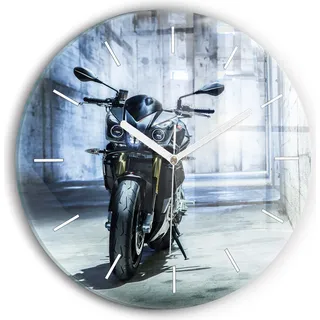 Wallfluent Wanduhr – Stilles Quarzuhrwerk - Uhr Dekoration Wohnzimmer Schlafzimmer Küche - Zifferblatt mit Striche - weiße Zeiger - 30 cm - Motorrad in einer Gasse - Blau