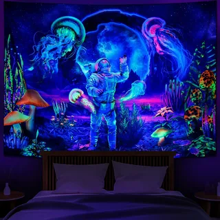 Heopapin Schwarzlicht-Astronauten-Tapisserie, UV-reaktive Pflanzen, Quallen, Neon-Galaxie, Weltraum, Wandbehang für Zimmer, B 59 x H 51