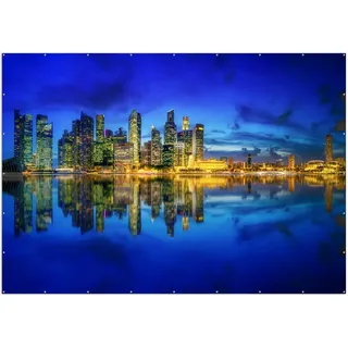 Wallario XXL Outdoor-Poster für Garten oder Balkon, Motiv Skyline von Singapur in der Abenddämmerung, in ca. 400 x 280 cm - Schwarz