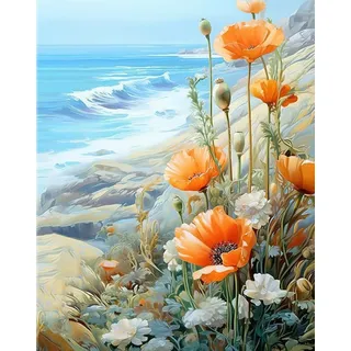 Maysurban Malen nach Zahlen Erwachsene Anfänger,DIY Handgemalt Ölgemälde Kits Auf Leinwand,Blumen am Meer 40 X 50 cm ohne Rahmen