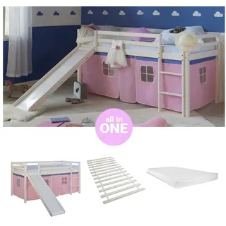 Homestyle4u Hochbett 90 x 200 cm Kiefer massiv lackiert Weiß/Rosa