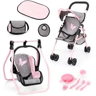 Bayer Design 21533AC Faltbarer Puppenbuggy mit Dach, Doppelräder, Tasche, Wickelunterlage, Wiege, Zubehör, Jeans-grau, Rosa