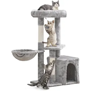 Yaheetech Kratzbaum 87 cm Katzenbaum Kletterbaum, mit Aussichtsplattform Liegemulde Katzenhöhle Sisalstämme Hellgrau