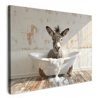 MuchoWow Leinwandbild Esel - Tiere - Badewanne - Schaumstoff Wanddeko Schlafzimmer 70x50 cm , Weiß , Textil , Kiefer , Abstrakt , Rechteckig , 70x50 cm , FSC 100% , gerahmt , Bilder & Rahmen, Bilder, Leinwandbilder